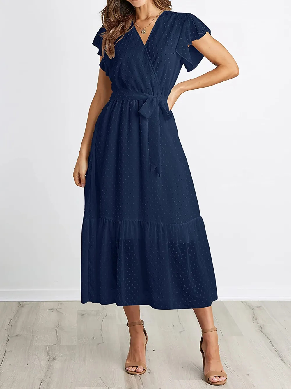 Women Summer Bohemian Floral Casual Wrap V Neck Ruffle Cap Sleeveless Belt A-Line Pleated Hem Swing Midi Sun Dress