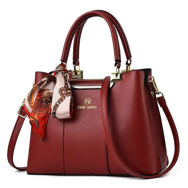 Women's Handbag PU Leather Shopping Daily Solid Color Black (khaki silk scarf) Wine red (red silk scarf) White (green silk scarf)