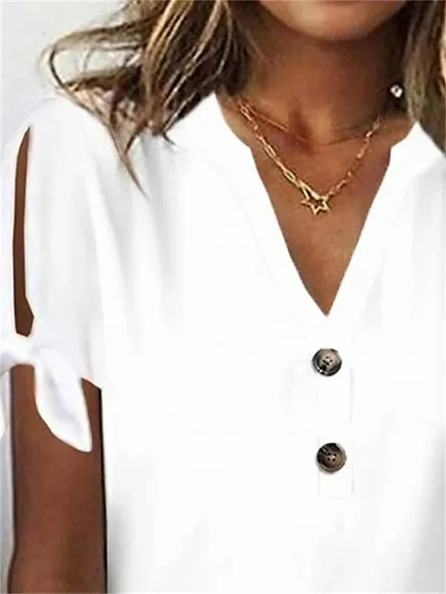Women's T shirt Tee White Pink Blue Plain Button Cut Out Short Sleeve Daily Weekend Fashion Basic Elegant V Neck Regular Fit