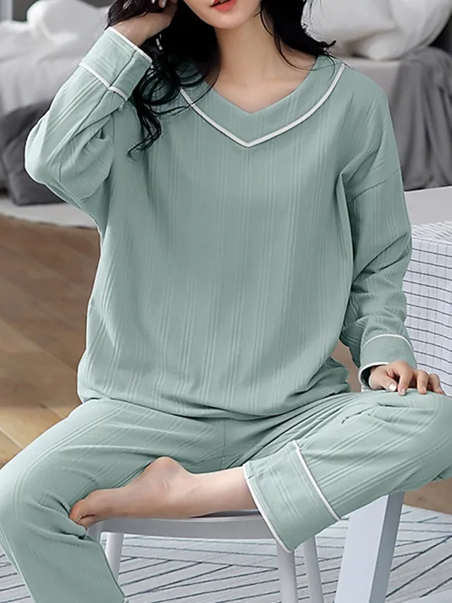 Women's Pajamas Nighty Pjs Sets 2 Pieces Pure Color Fashion Simple Comfort Home Daily Bed Cotton Breathable Gift V Wire Long Sleeve Pant Elastic Waist Basic Spring Fall Black Light Green