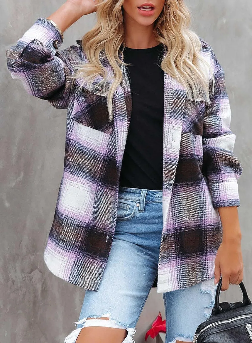Women's Flannel Plaid Shacket Long Sleeve Button Down Chest Pocketed Shirts Jacket Coats