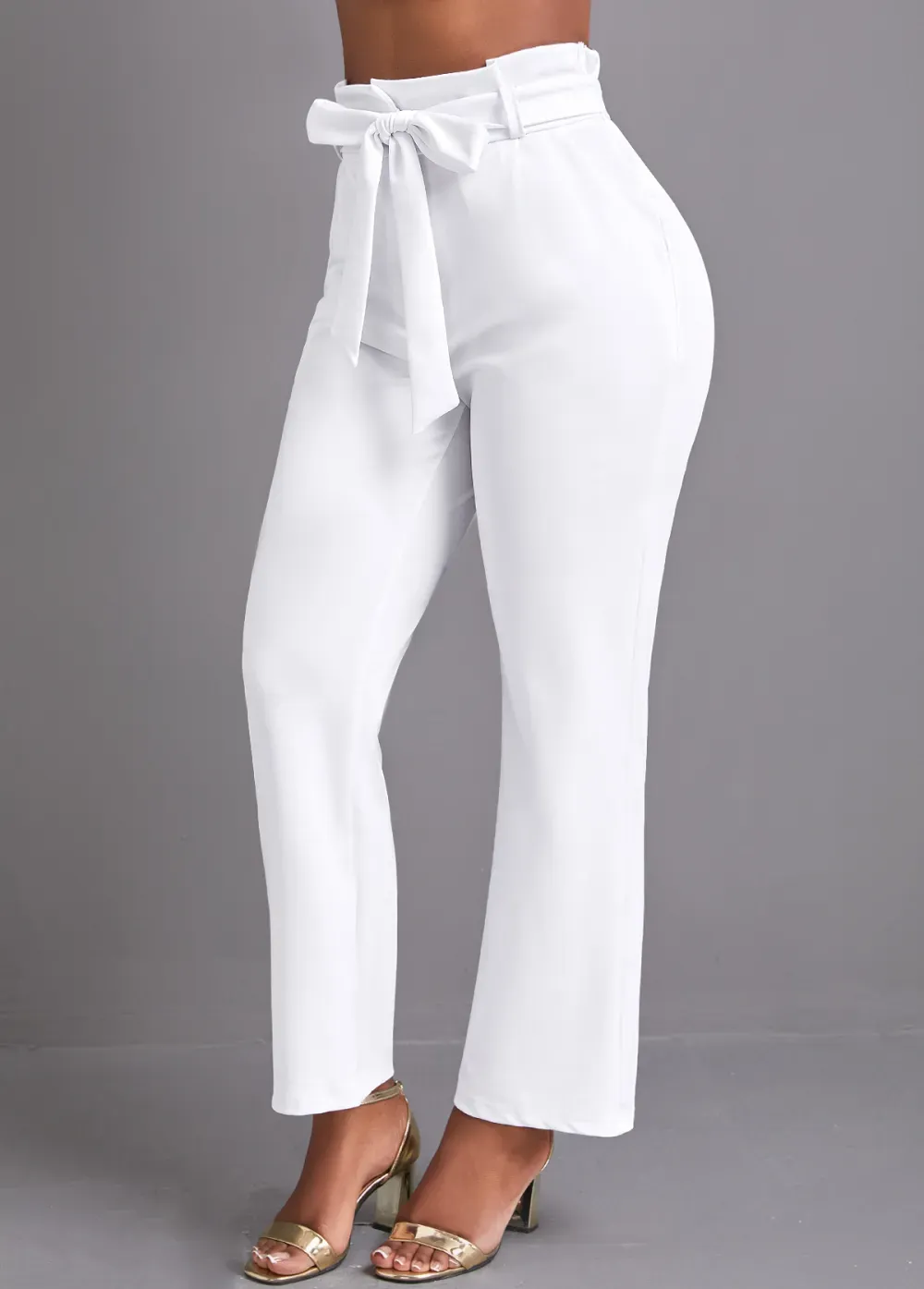 White Pocket Belted Zipper Fly High Waisted Pants