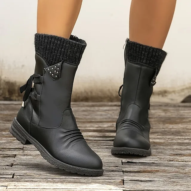 Women's Boots Snow Boots Sweater Boots Plus Size Outdoor Daily Mid Calf Boots Winter Lace-up Flat Heel Round Toe Casual Faux Leather Zipper Black Red Blue