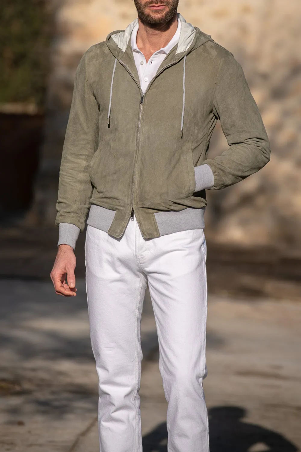 Sage Suede Hooded Bomber Jacket