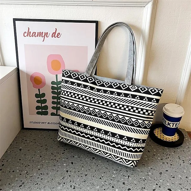 Women's Tote Shoulder Bag Canvas Tote Bag Canvas Shopping Daily Zipper Large Capacity Foldable Lightweight Striped Patchwork Folk Red stripes Red square Black square