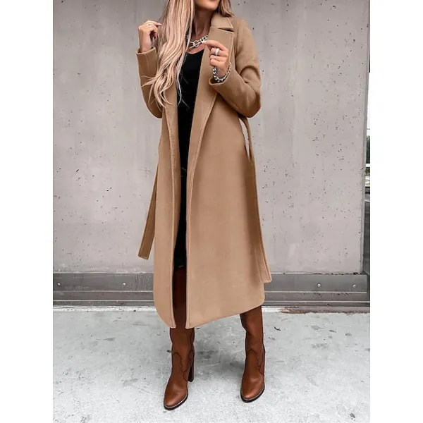 Women's Winter Coat Long Overcoat with Belt Fall Lapel Pea Coat with Pockets Trench Coat Fashion Street Wear Formal Jacket Long Sleeve  Black White Yellow