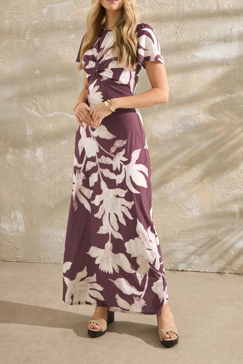 Scooped Neckline Red Floral Ruched Maxi Dress