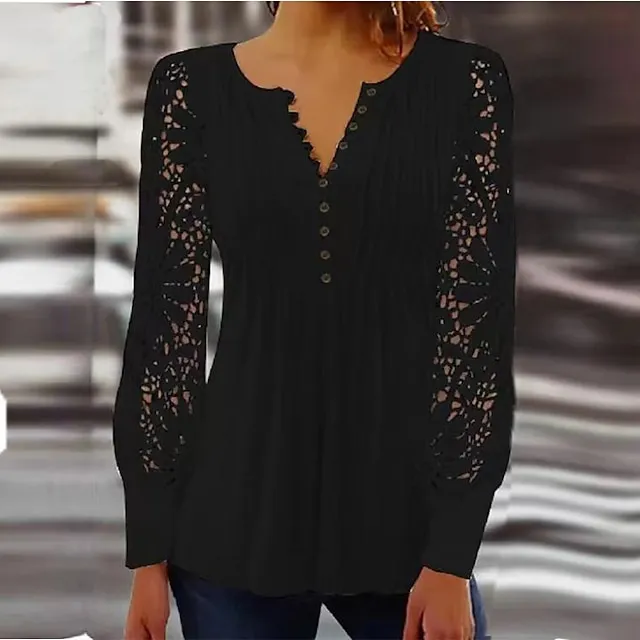 Women's Shirt Blouse Black White Red Plain Lace Patchwork Long Sleeve Casual Vintage Fashion Basic V Neck Regular Fit Spring Fall