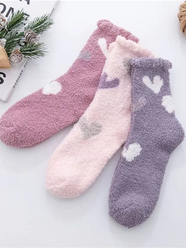Polka-dot Bear Heart-shaped Graphics Warm Plus Velvet Coral Fleece Floor Socks
