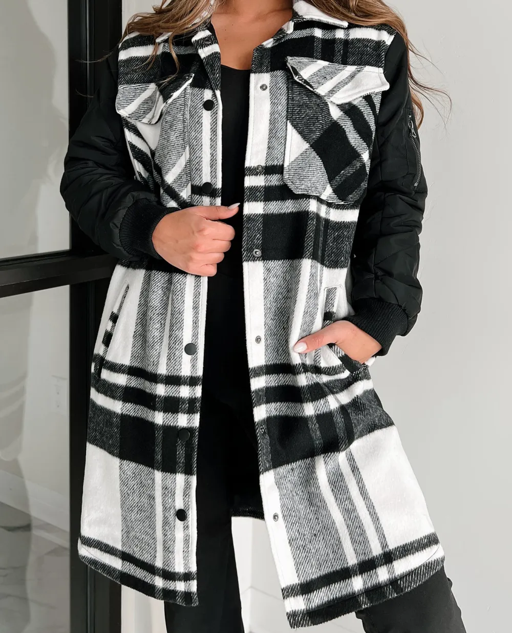 Black And White Checkered Mid-Length Coat
