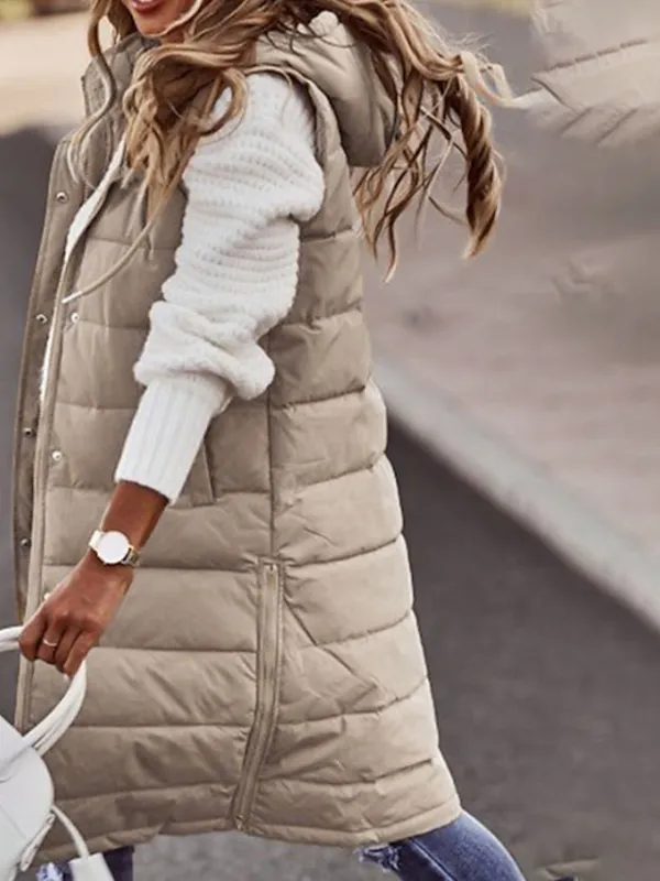 Women's Winter Jacket Long Puffer Vest Fall Maillard Outdoor Street Daily Winter Fall Long Coat Regular Fit Windproof Warm Casual Jacket Sleeveless Solid Color Khaki Red White