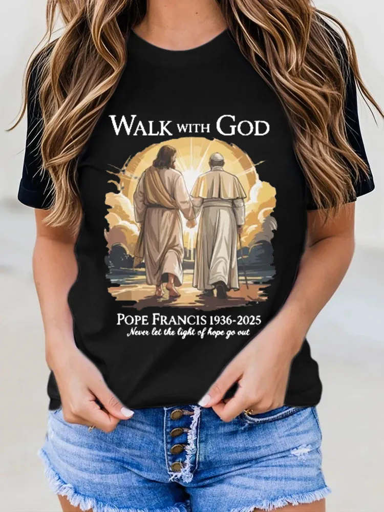 Women's Walk With God Print Short Sleeve Round Neck Cotton T-Shirt