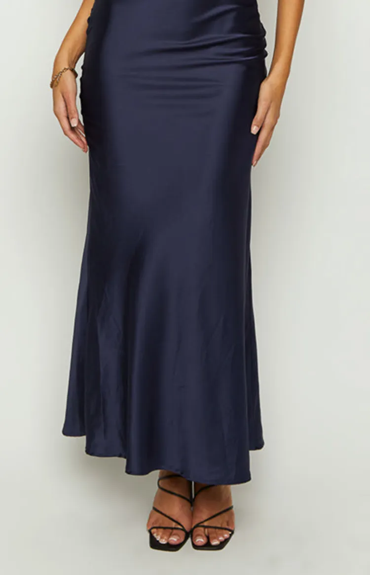 Navy One Shoulder Satin Formal Dresses