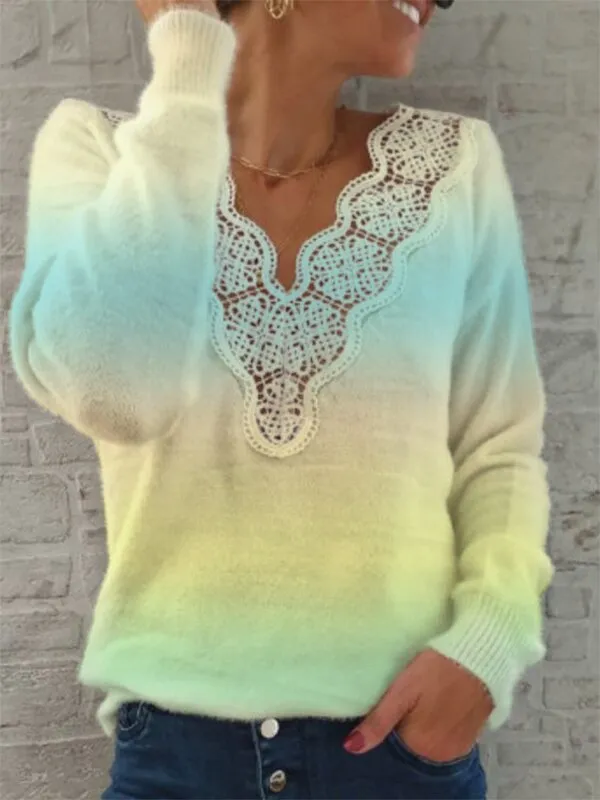 V-neck gradual change lace pullover sweater top