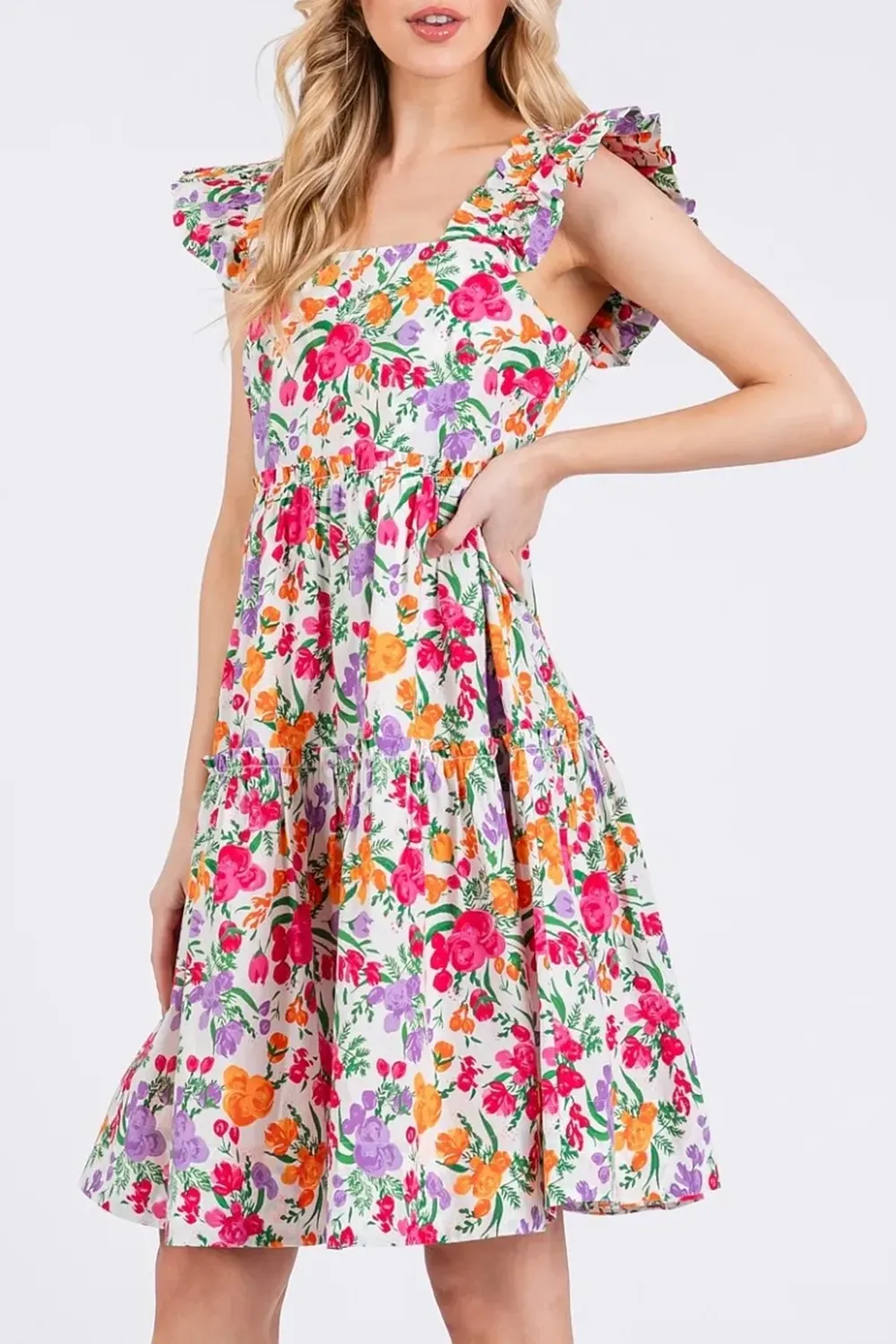 All-Match Temperament Square Neck Ivory Multl Dress