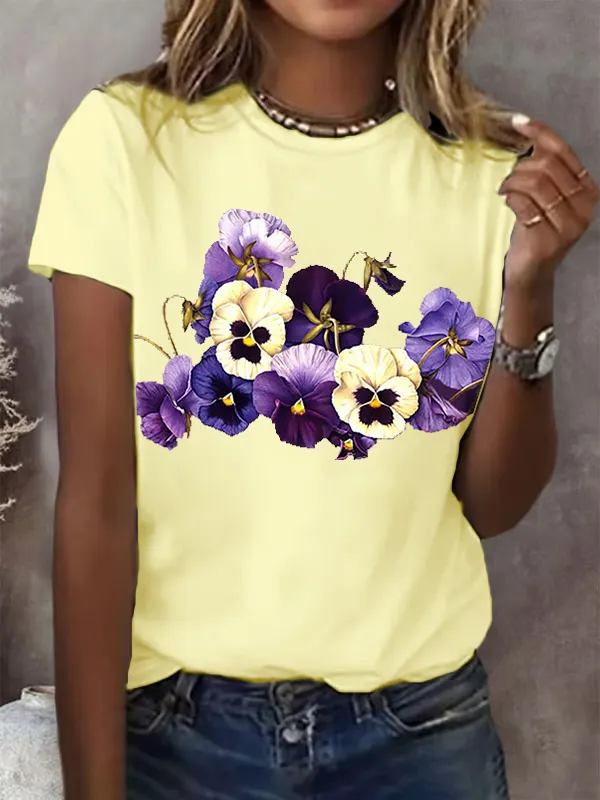 Women'S Alzheimer'S Purple Floral Print Round Collar T-Shirt