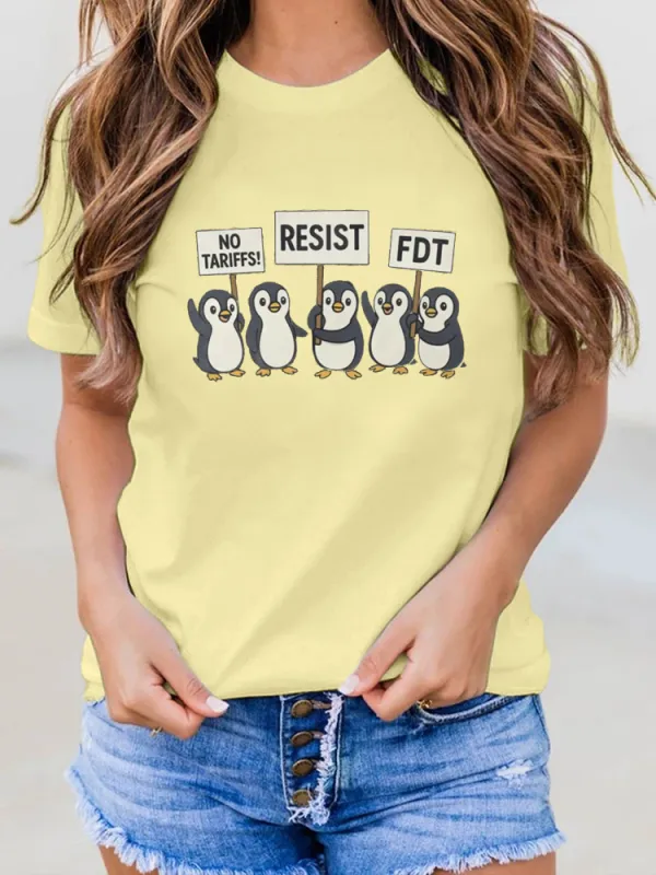 Penguins Against Tariffs Resist Fdt Anti Trump Funny Essential T-Shirt
