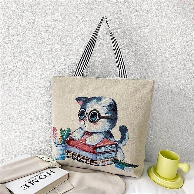 Women's Tote Shoulder Bag Canvas Tote Bag Oxford Cloth Shopping Daily Zipper Print Large Capacity Lightweight Durable Cat Flower Folk Butterfly Unicorn Black cat