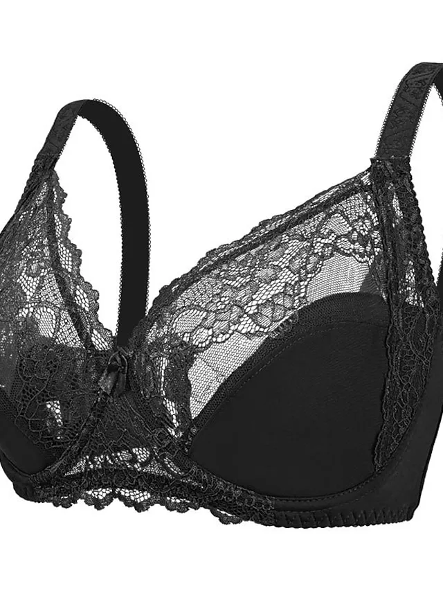 Women's Curve Plus Size Bra Solid Floral Lace Deep U Fall Winter Lace Bras 3/4 Cup Black White Red Big Size 85/38E 90/40E 95/42E 100/44E