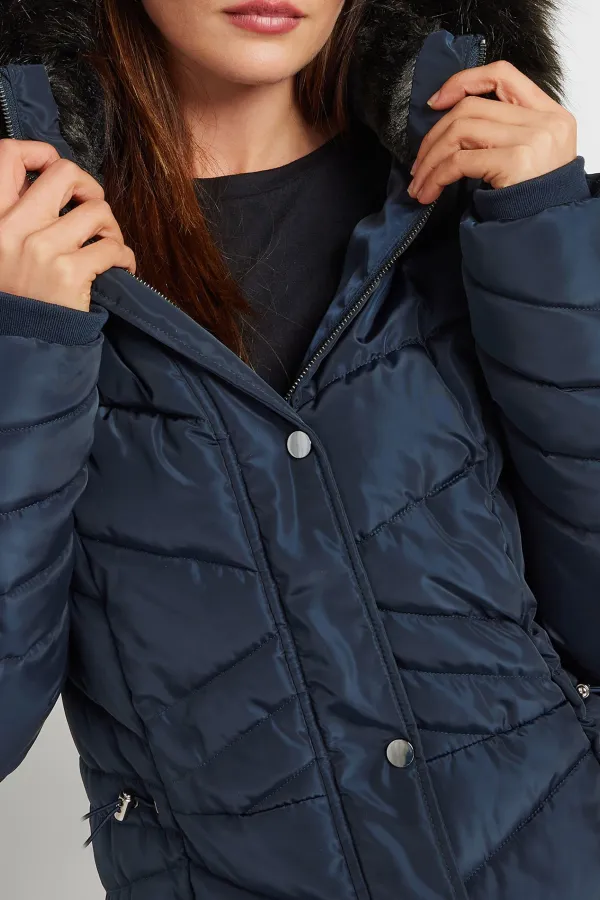 Navy Blue Faux Fur Trim Padded Longline Hooded Coat