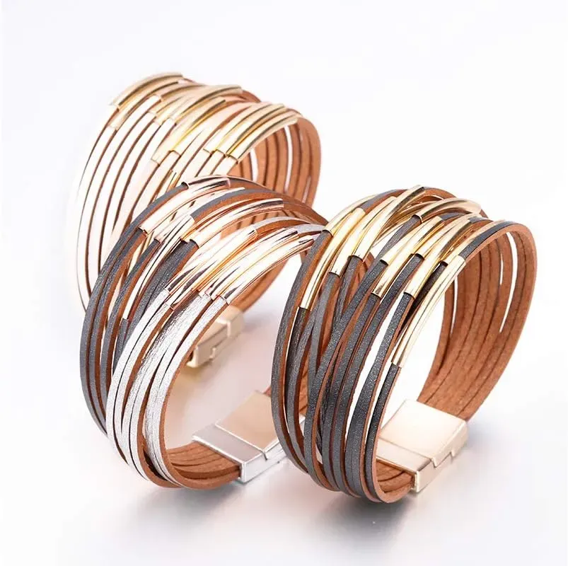 Fesciory Leather Wrap Bracelets for Women, Boho Leopard Multi-Layer Crystal Beads Cuff Bracelet Jewelry