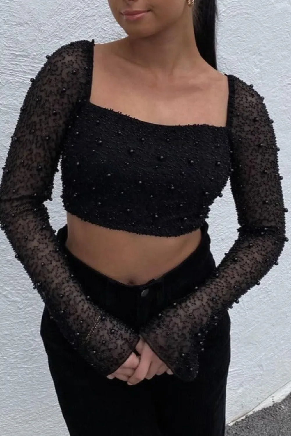 Black Beaded Long Sleeve Crop Top