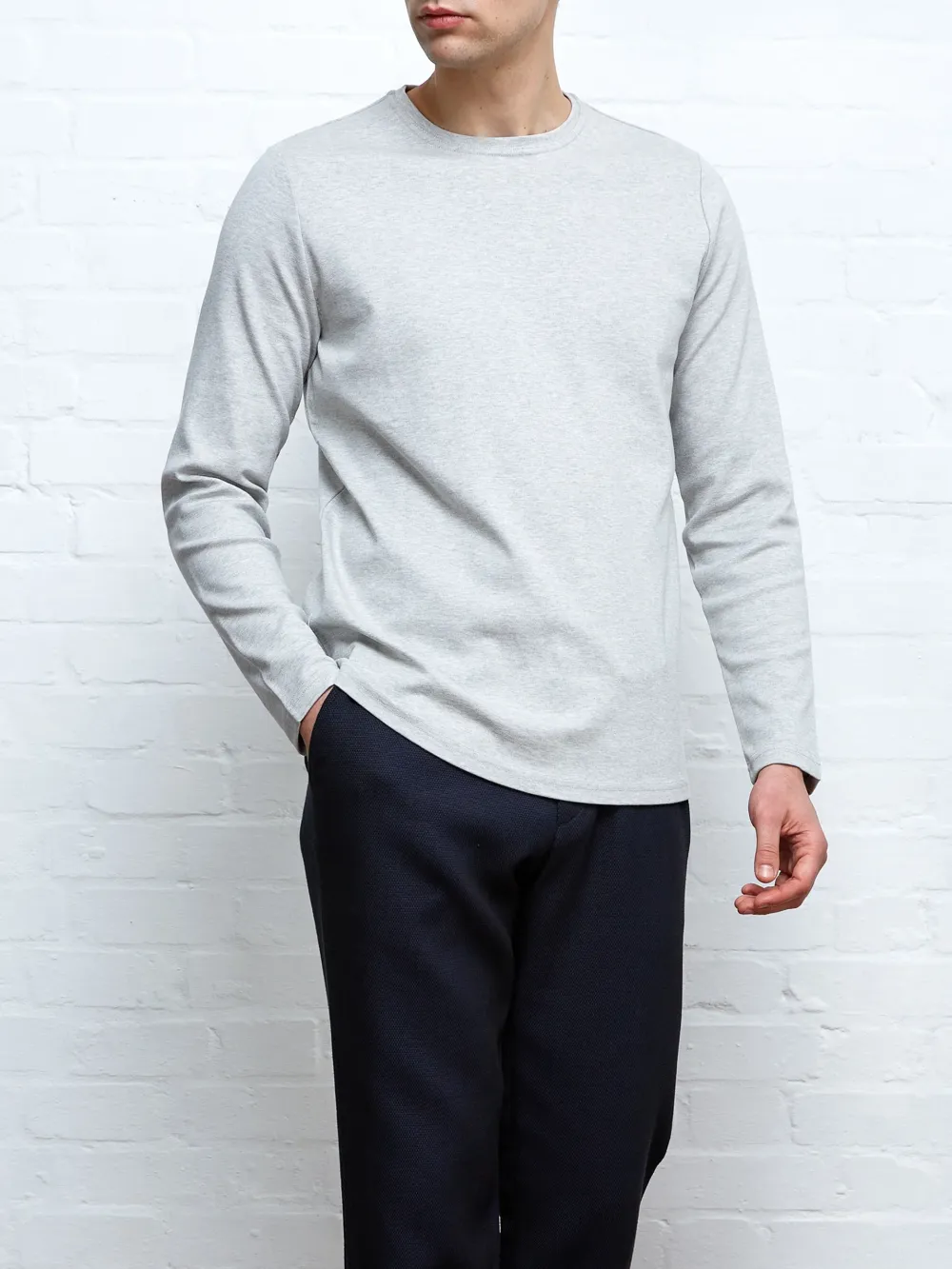 Grey Crew Neck Long Sleeve Plain T-Shirt