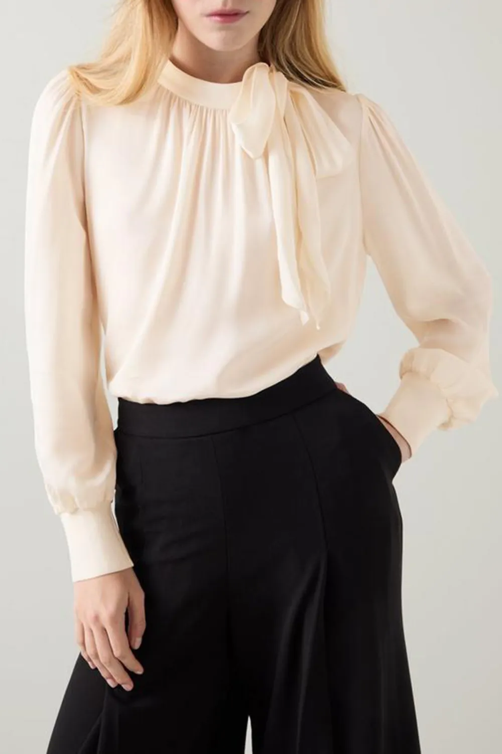 Cream Tie Neck Long Sleeve Blouse