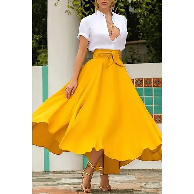 Women's Skirt Swing Work Skirts Long Skirt Maxi Cotton Blend Yellow Red Orange Skirts Autumn / Fall Streetwear Weekend S M L