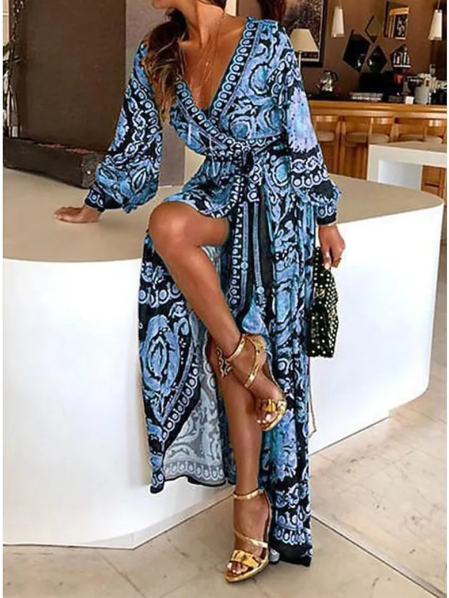Women's Casual Dress Swing Dress Wrap Dress Long Dress Maxi Dress Blue Yellow Gray Long Sleeve Floral Lace up Winter Fall Spring V Neck Fall Dress 2022 S M L XL XXL 3XL