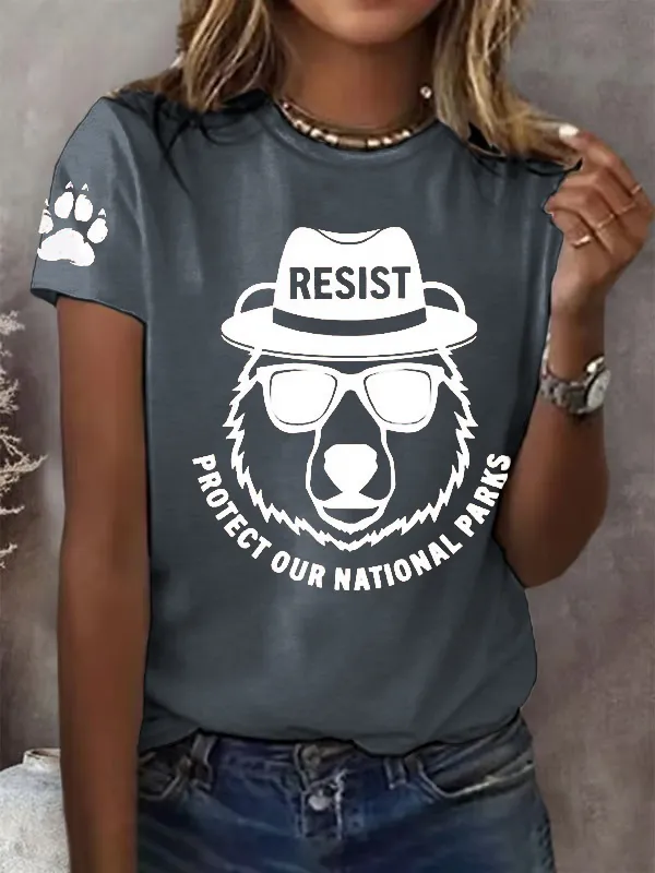 T-Shirt Women Protect Our National Parks Printed Crew-Neck T-Shirt Cotton Casual Short-Sleeved