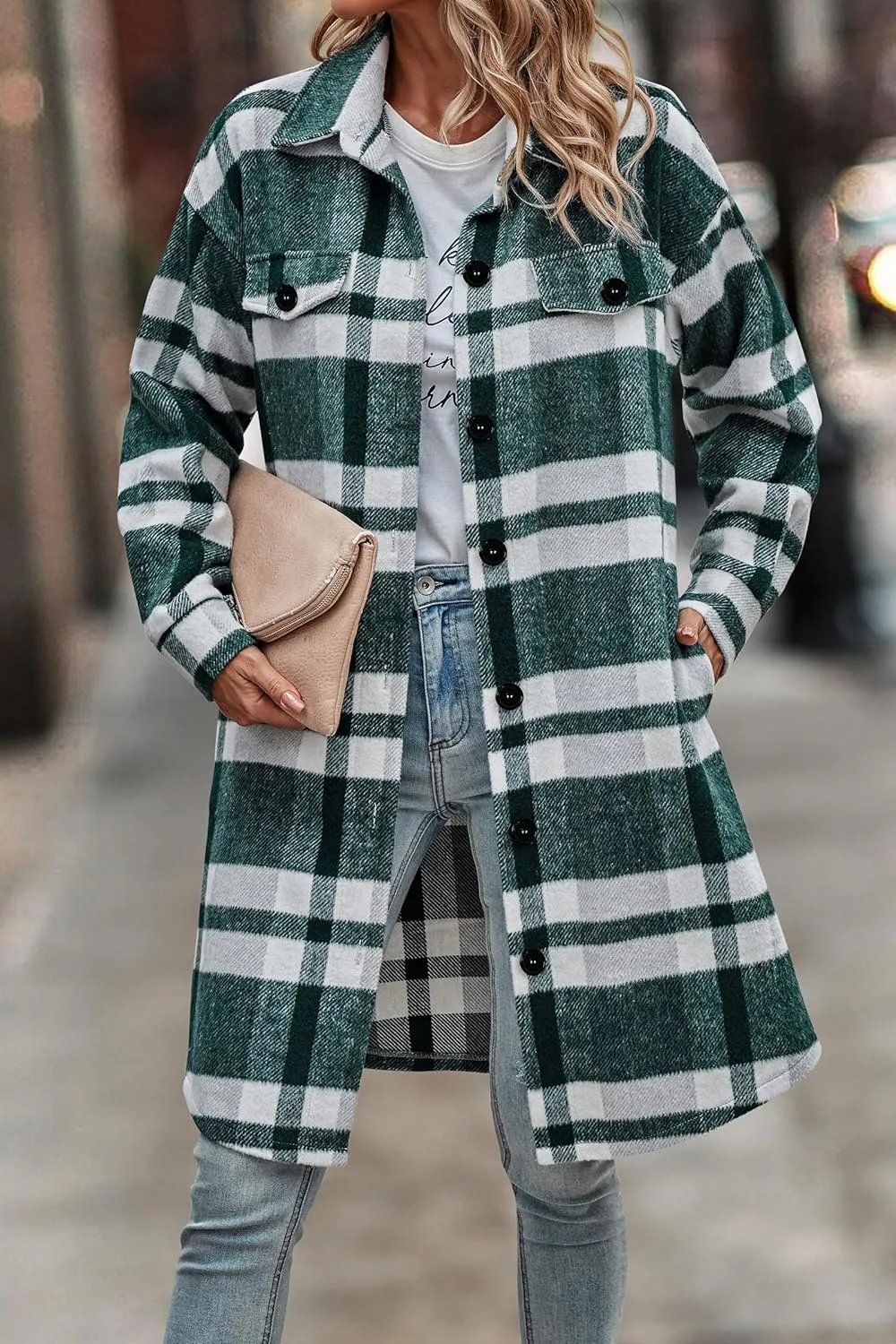 Women's Plaid Shacket 2023 Long Sleeve Button Up Flannel Shirt Winter Tartan Jacket Woolen Coats