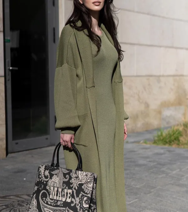 Elegant Long Sweater Dress & Cardigan Coat Two Pieces Set
