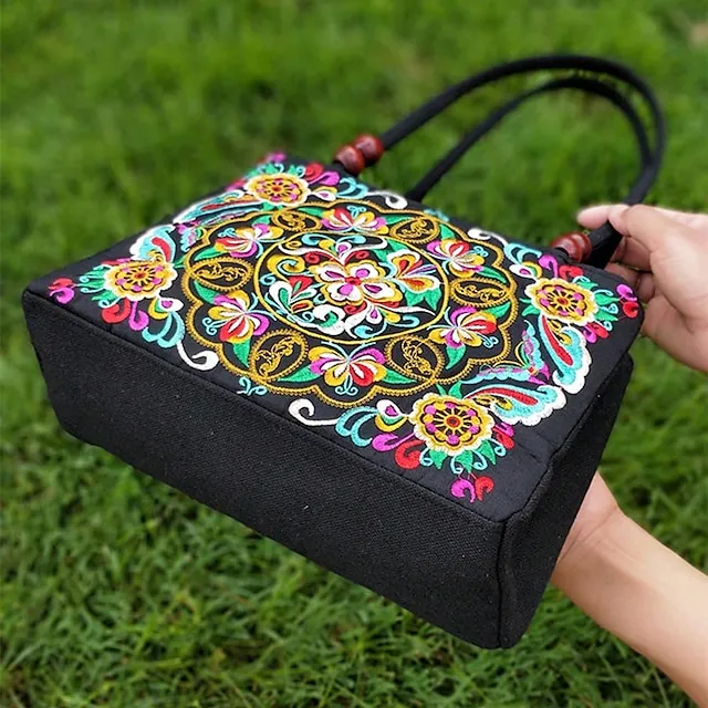 Women's Handbag Canvas Outdoor Holiday Embroidery Large Capacity Breathable Lightweight Folk Dark Red Black / Red Blue peacock