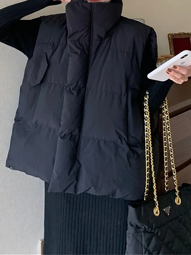 Women's Puffer Vest Long Sleeveless Parka Warm Heated Quilted Gilet Winter Coat Zipper Stand Collar Jacket with Pocket Outerwear Black White S M L XL