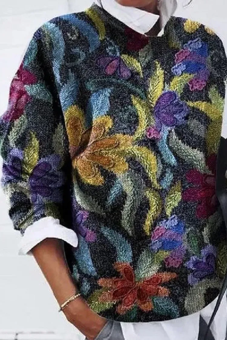 Vintage Milled Floral Print Loose Long Sleeve Top