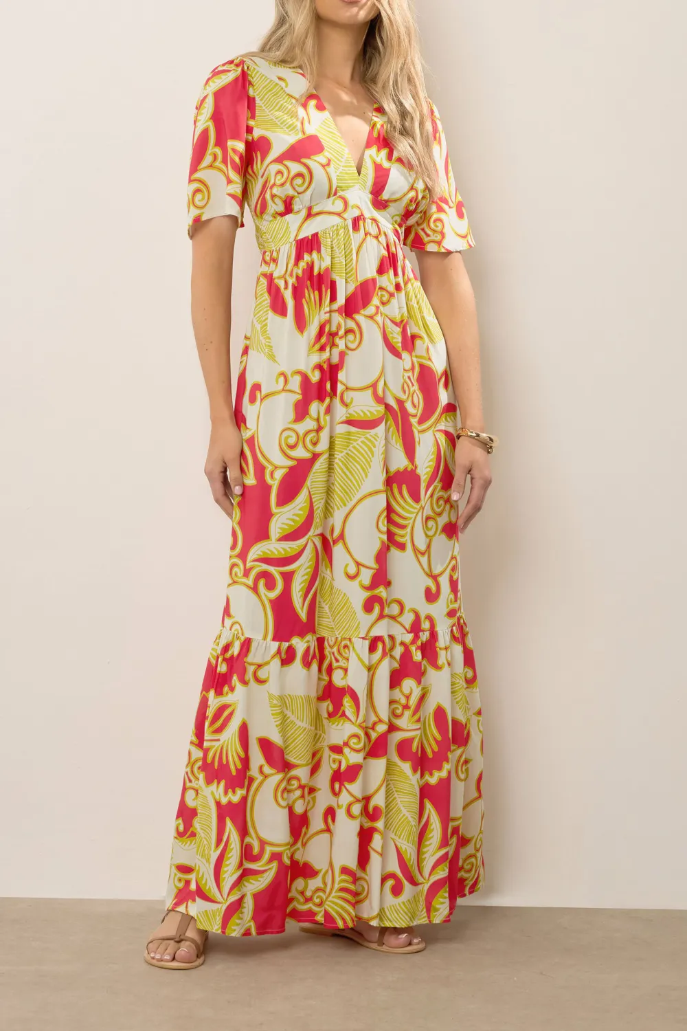 Coral Red Abstract Palm Flutter V-neck Maxi Dress