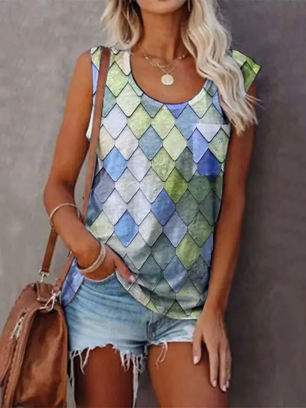Women's Sleeveless Scoop Neck Chic Printed Tops T-shirts