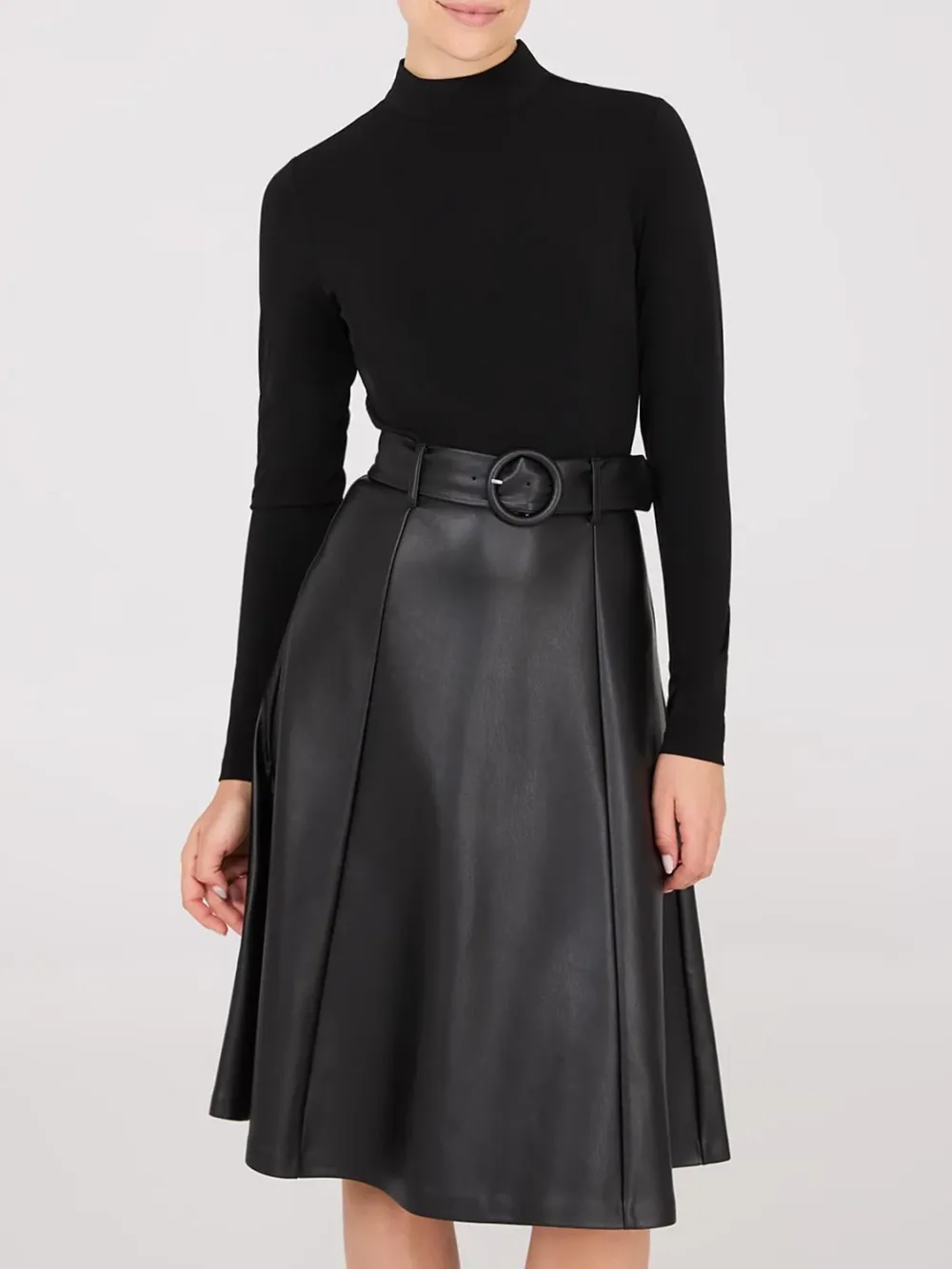 Mock Neck Faux Leather Midi Dress