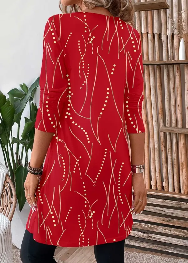 Red Button Geometric Print Long Sleeve T Shirt