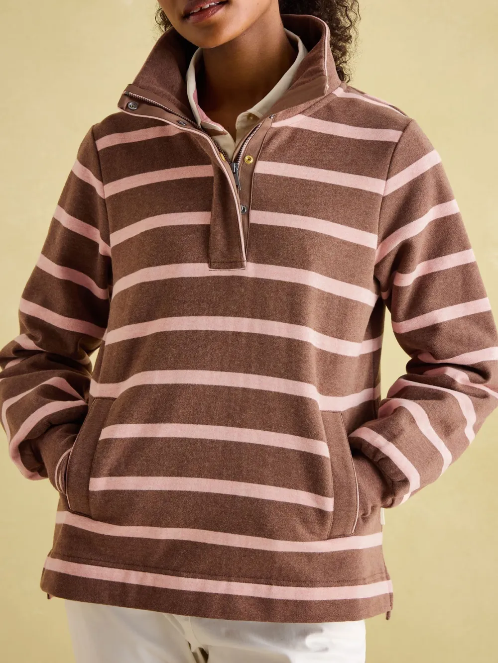 Chocolate Brown pink Funnel Neck Quarter Zip Sweatshirt