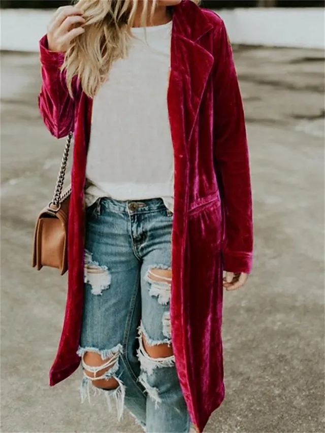 Women's Velvet Trench Coat Christmas Party Long Overcoat Winter Open Front Lapel Pea Coat Windproof Warm Street Xmas Jacket Long Sleeve with Pockets Dark Grey Black Yellow