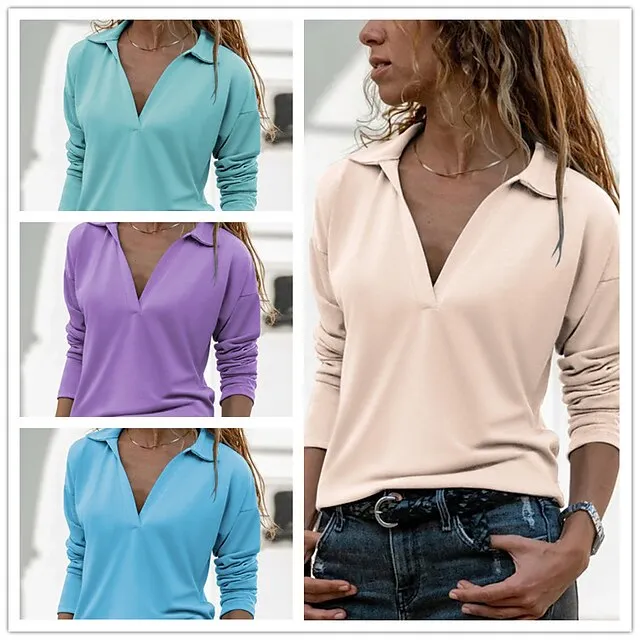 Women‘s T shirt Basic Plain Modern V Neck Stard Spring &  Fall Blue Purple Green Beige