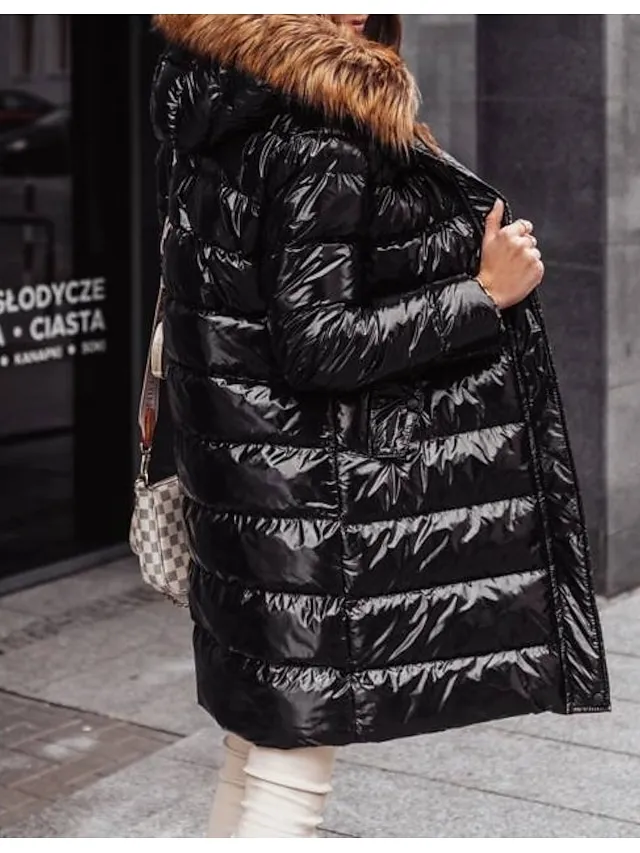 Women's Winter Jacket Winter Coat Parka Windproof Warm Outdoor Street Daily Vacation Zipper Pocket Fur Collar Zipper Hoodie Fashion Casual Street Style Solid Color Regular Fit Outerwear Long Sleeve