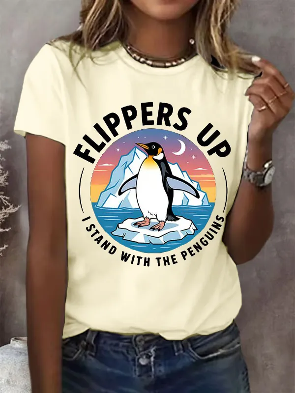 Women'S T-Shirt Women's Penguins Flippers Up Print Round Neck T-Shirt