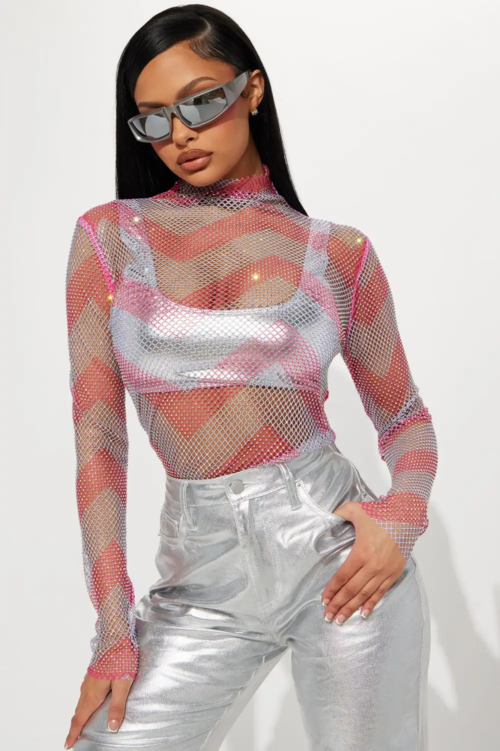 Party's Here Rhinestone Fishnet Top - Pink/combo