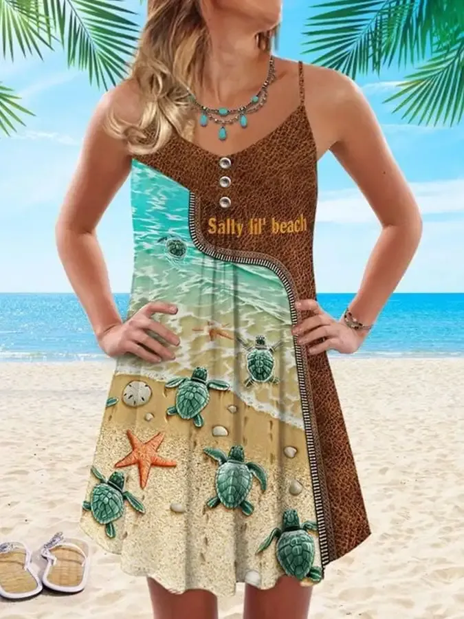 Vacation Sea Turtle Starfish Print Spaghetti Strap Dress Swimsuit Coverup