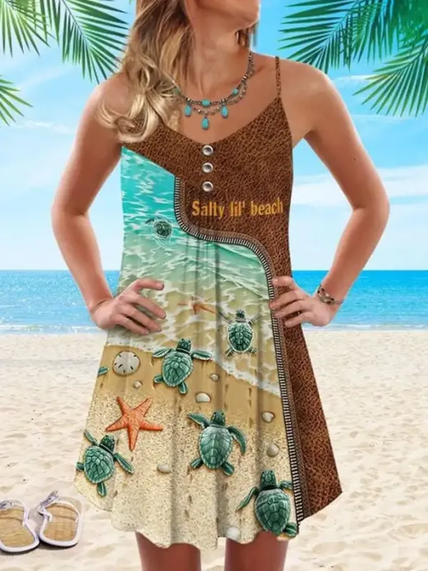 Vacation Sea Turtle Starfish Print Spaghetti Strap Dress Swimsuit Coverup