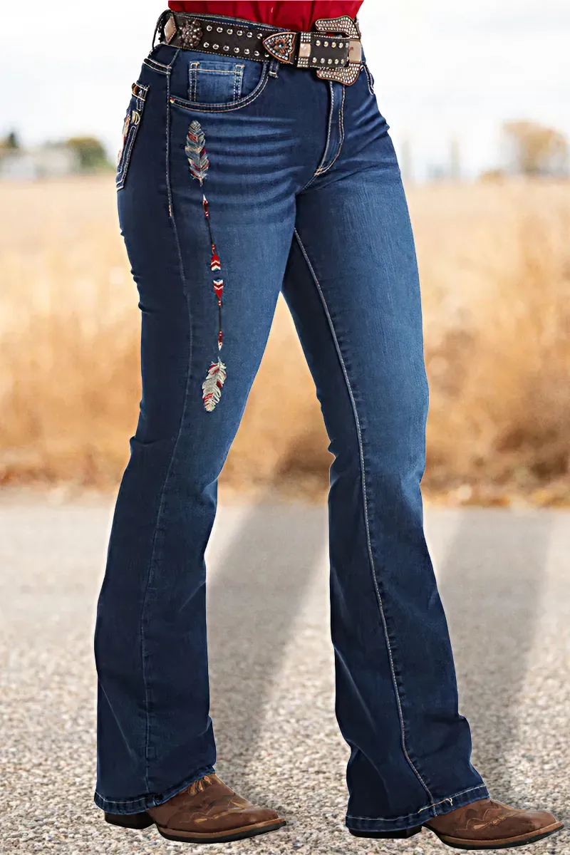 Feather Embroidery Mid Rise Bootcut Jeans