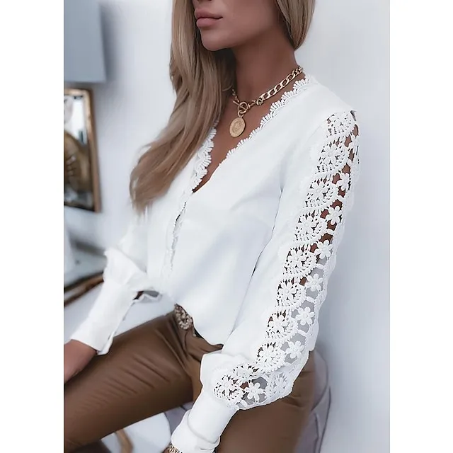 Women's Blouse White Solid Colored Lace Daily Fashion Basic Elegant V Neck Spring Fall Winter